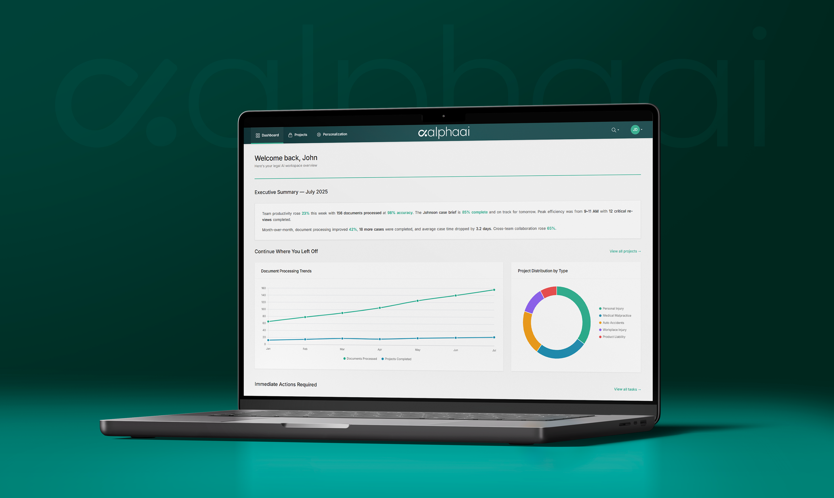 AlphaAI personal injury law firm AI platform dashboard